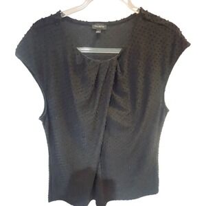Talbots Black Swiss Clip Dot Pleated Front Cap Sleeve Blouse Women Large